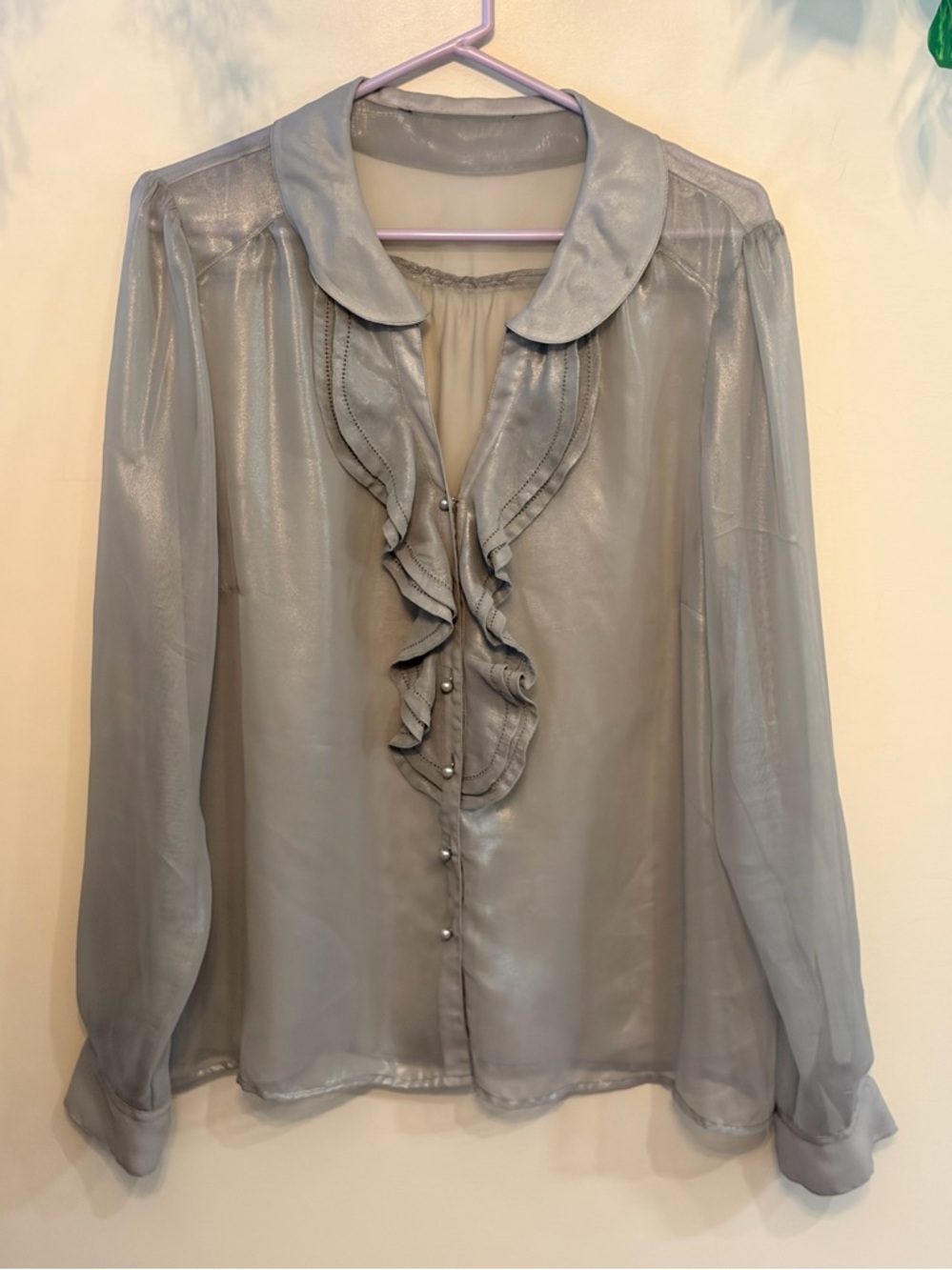 Metallic Silver Sheer Ruffle Front Pintuck Blouse - Picture 2 of 7
